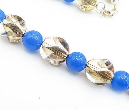 925 Sterling Silver  Vintage Blue Chalcedony Beaded Chain Necklace  NE1190