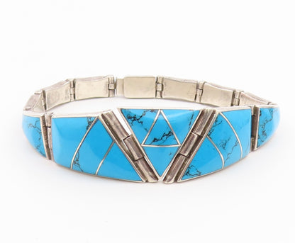 925 Sterling Silver Vintage Bracelet Modernist Cabochon Turquoise Link  BT12187