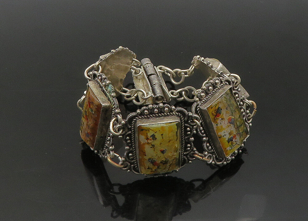 JERUSALEM 925 Sterling Silver Vintage Enameled Storyteller Bracelet  BT8705