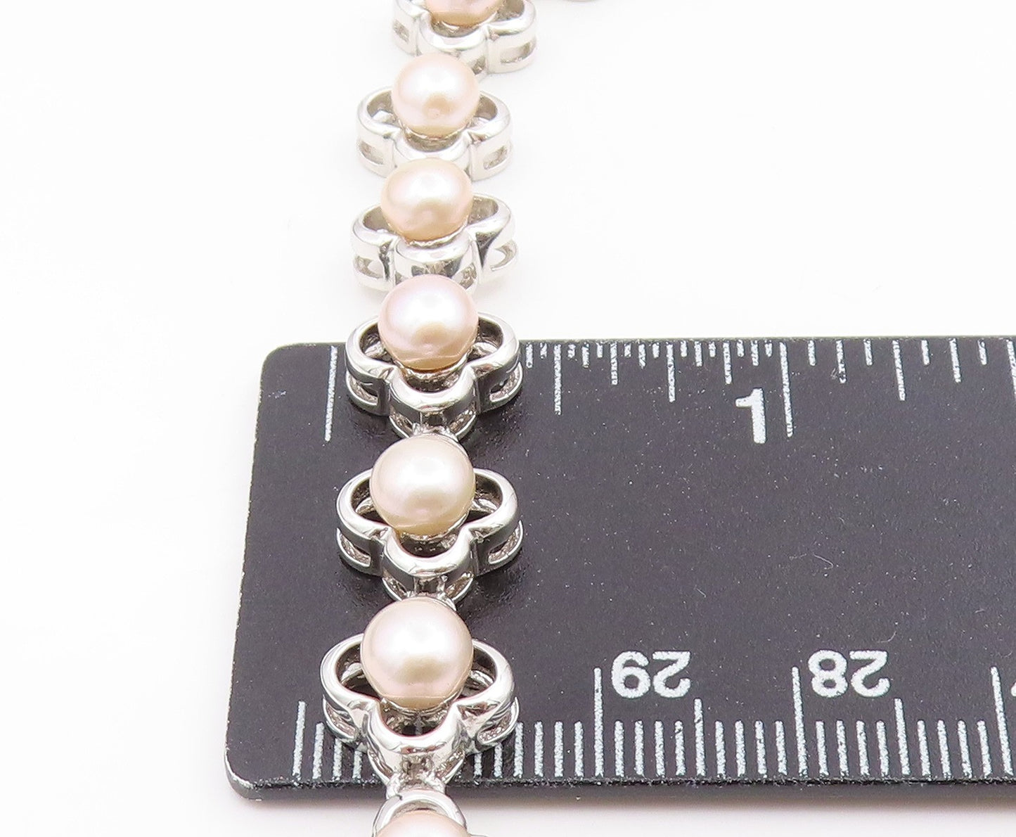 925 Sterling Silver Vintage Necklace Round Pearl Elegant Floral Chain  NE4810