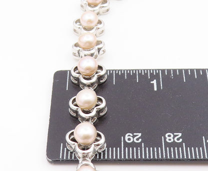 925 Sterling Silver Vintage Necklace Round Pearl Elegant Floral Chain  NE4810