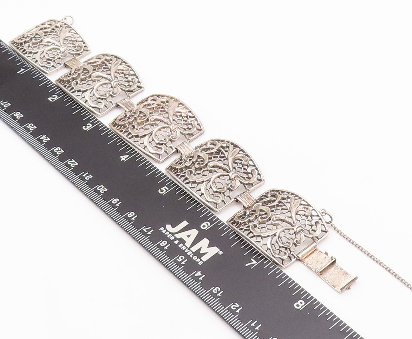 925 Sterling Silver Vintage Bracelet Web Effect Cutout Floral Carved  BT10547