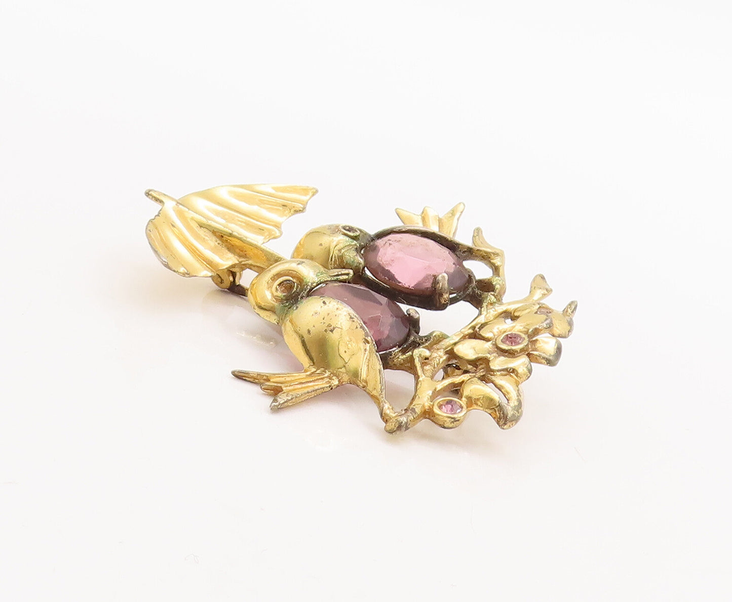 925 Sterling Silver Vintage Brooch Pin CZ Inlay Birds Under Umbrella  BP11053