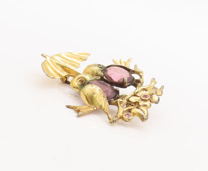 925 Sterling Silver Vintage Brooch Pin CZ Inlay Birds Under Umbrella  BP11053