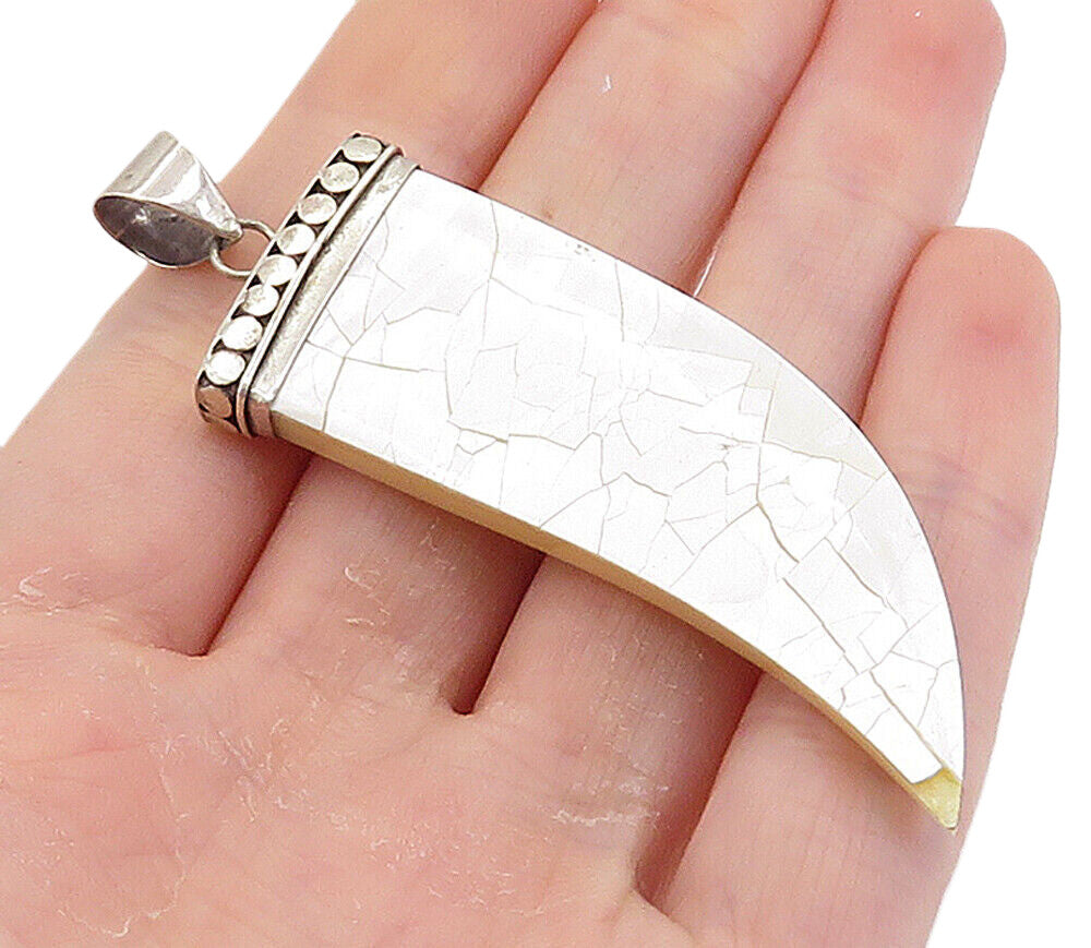925 Sterling Silver  Vintage Mother Of Pearl Mosaic Dagger Pendant  PT6080