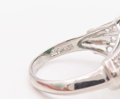925 Sterling Silver Vintage Ring Oval Gemstone & CZ Cutout Neck Sz 7  RG30796