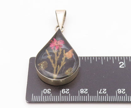 925 Sterling Silver  Vintage Flower Glass Art Rain Drop Pendant  PT15335