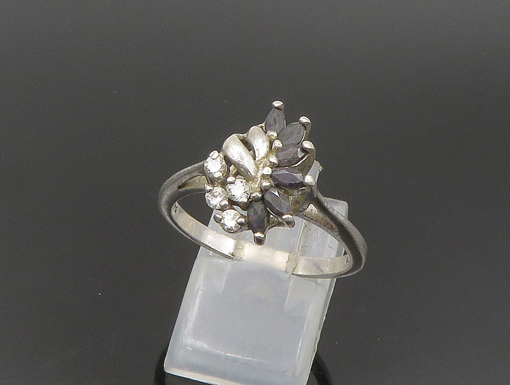 925 Silver  Vintage Sapphire & Cubic Zirconia Floral Ring Sz 8.5  RG24200