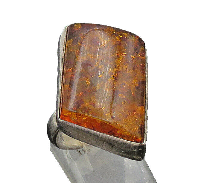 925 Sterling Silver  Vintage Slanted Baltic Amber Cocktail Ring Sz 7.5 RG24338
