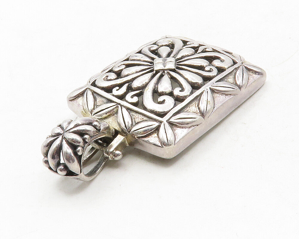 925 Sterling Silver Vintage Open Flower Swirl Square Drop Pendant PT9840