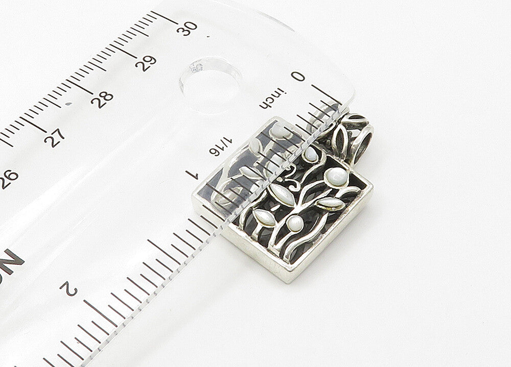 925 Sterling Silver  Vintage Mother Of Pearl Floral Square Pendant  PT17254