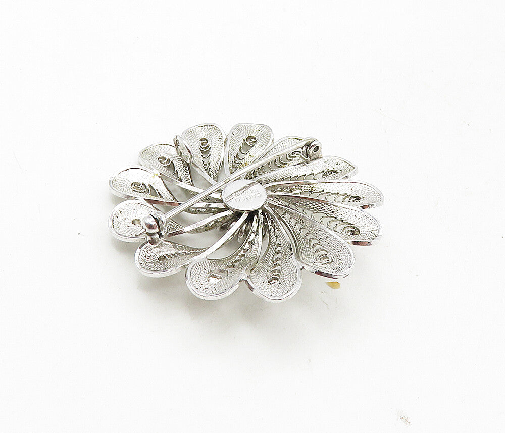 CAMEO 925 Sterling Silver  Vintage Shiny Filigree Flower Brooch Pin  BP3445