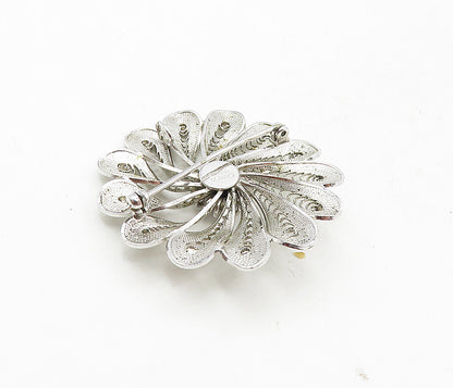 CAMEO 925 Sterling Silver  Vintage Shiny Filigree Flower Brooch Pin  BP3445