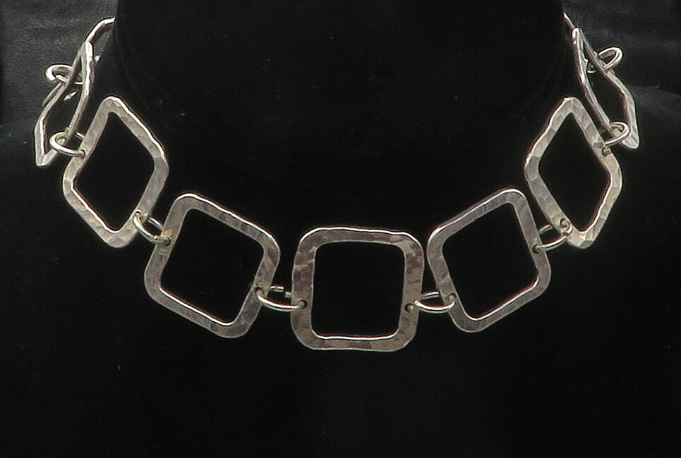925 Sterling Silver  Vintage Shiny Hammered Open Square Chain Necklace  NE2394