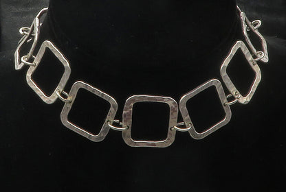 925 Sterling Silver  Vintage Shiny Hammered Open Square Chain Necklace  NE2394