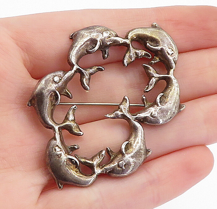 MEXICO 925 Sterling Silver  Vintage Dark Tone Dolphins Brooch Pin  BP1179