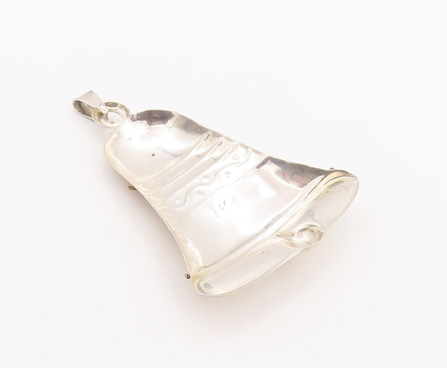 925 Sterling Silver Vintage Pendant MEXICO Large Carved Christmas Bell  PT23155
