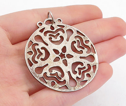 925 Sterling Silver  Vintage Cutout Floral Pattern Round Drop Pendant  PT3471