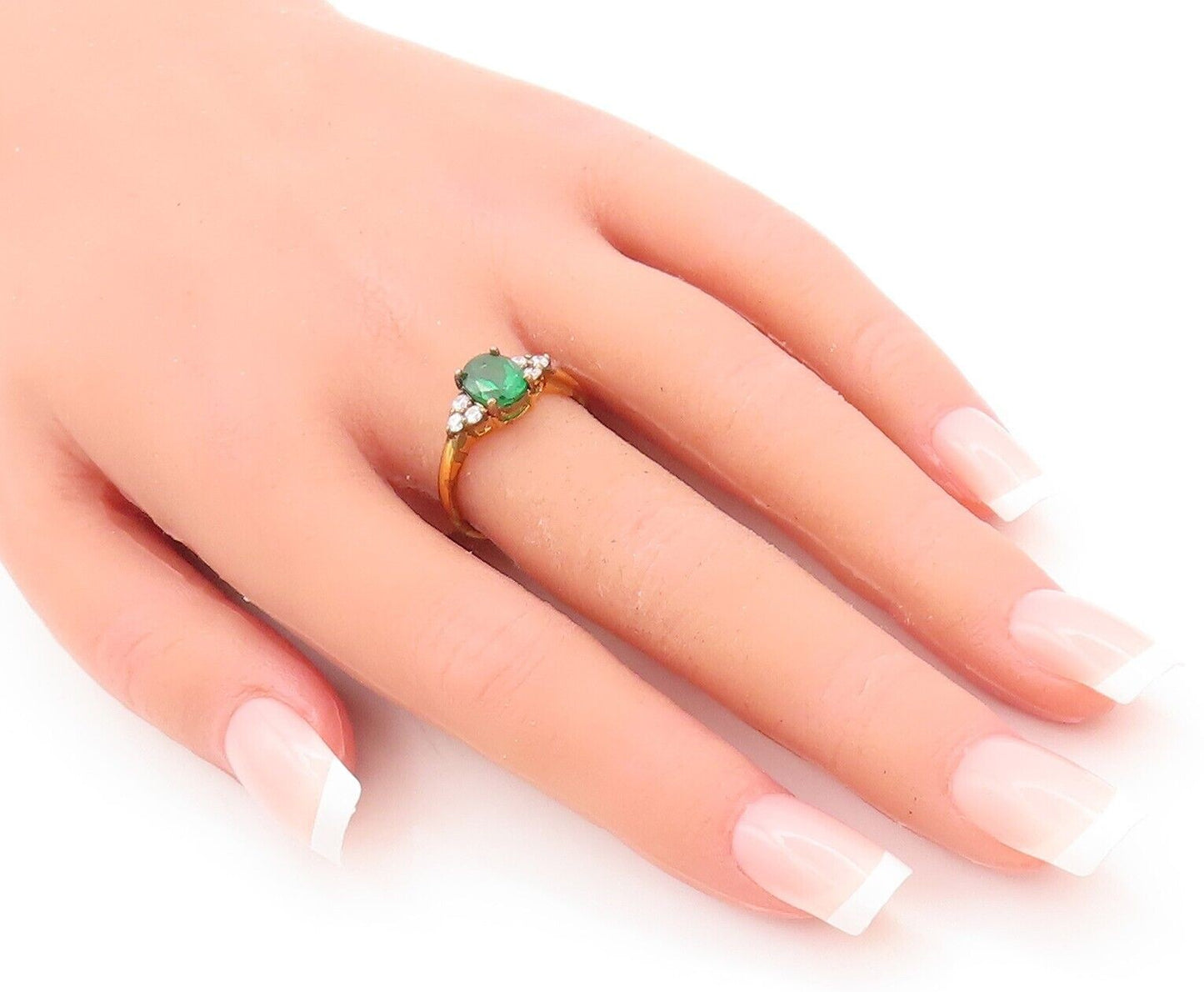 925 Sterling Silver Vintage Ring Gold Plated Green & White Topaz  Sz 7  RG29477