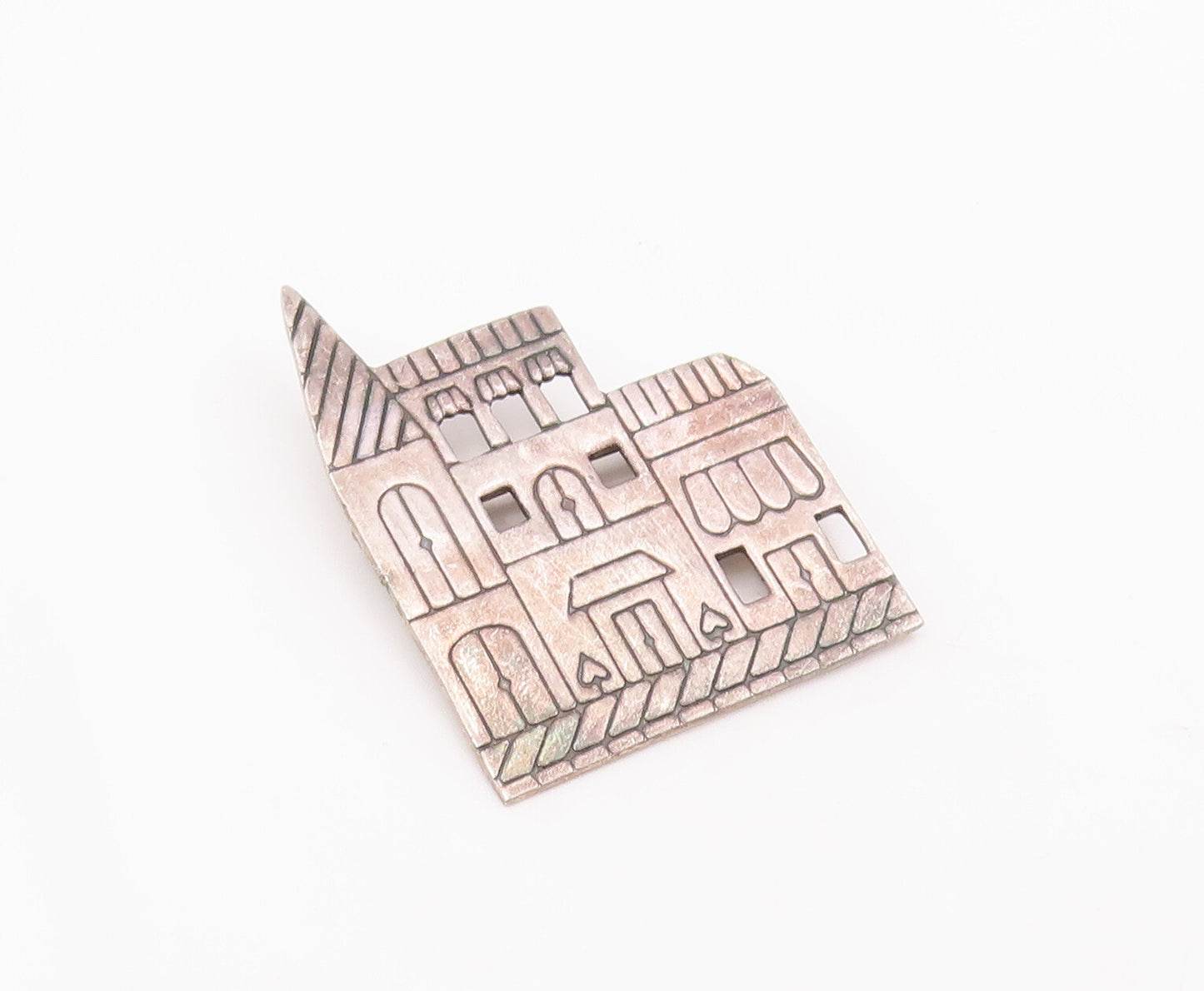 925 Sterling Silver Vintage Brooch Pin Solid Etched Apartment Building  BP10988