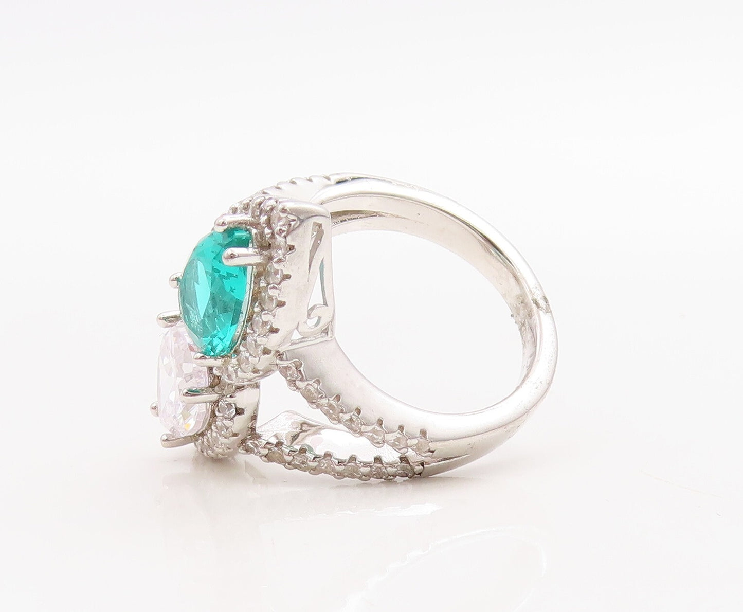 925 Sterling Silver Vintage Ring Designer Drop Sea Green & White CZ Sz 7 RG30735