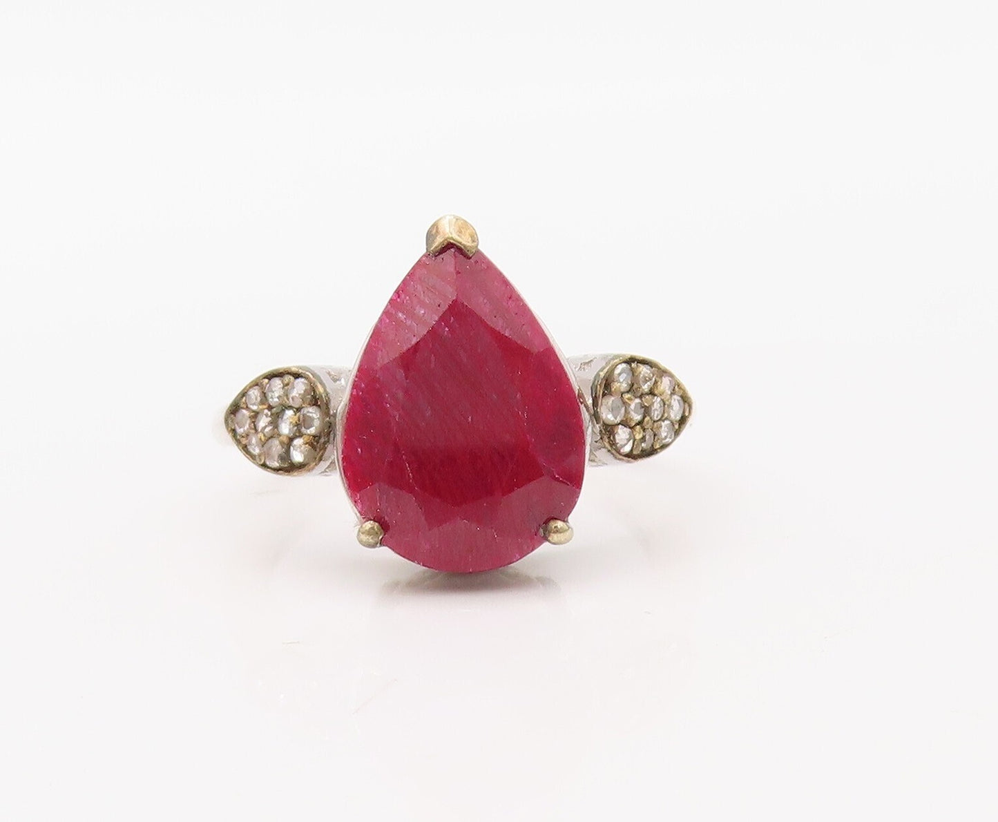 925 Sterling Silver Vintage Ring Diamonds & Drop Cut Ruby  Sz 8  RG30767