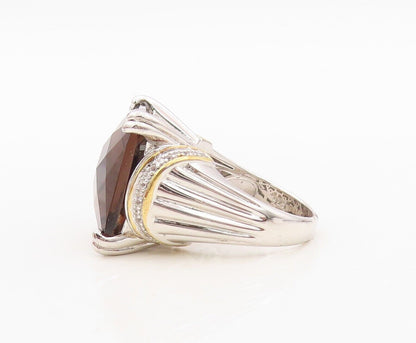 925 Sterling Silver Vintage Ring Diamonds & Square Cut Smoky Quartz Sz 7 RG30501
