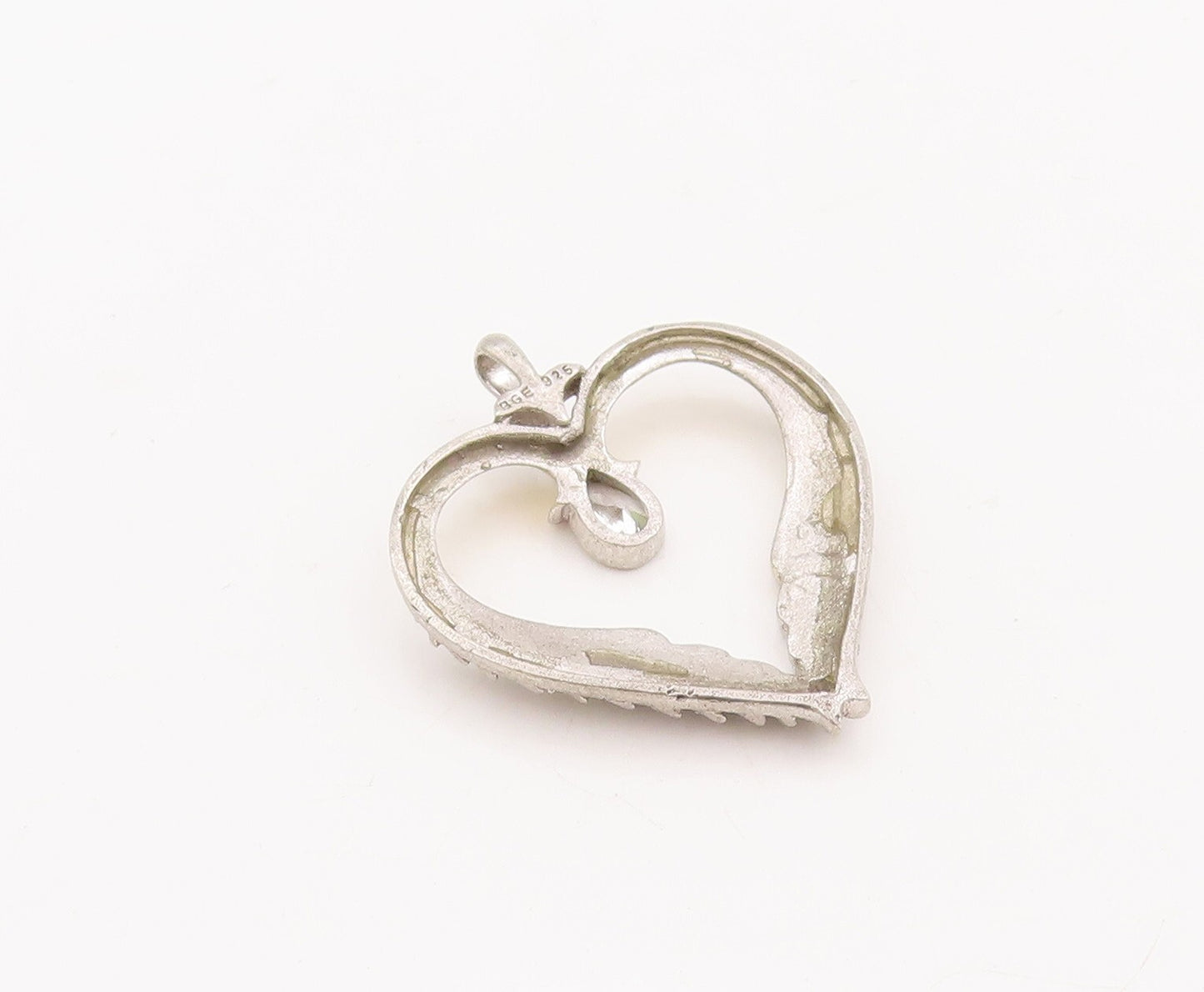 925 Sterling Silver Vintage Pendant Drop Cut Topaz Carved Wings Heart  PT23447