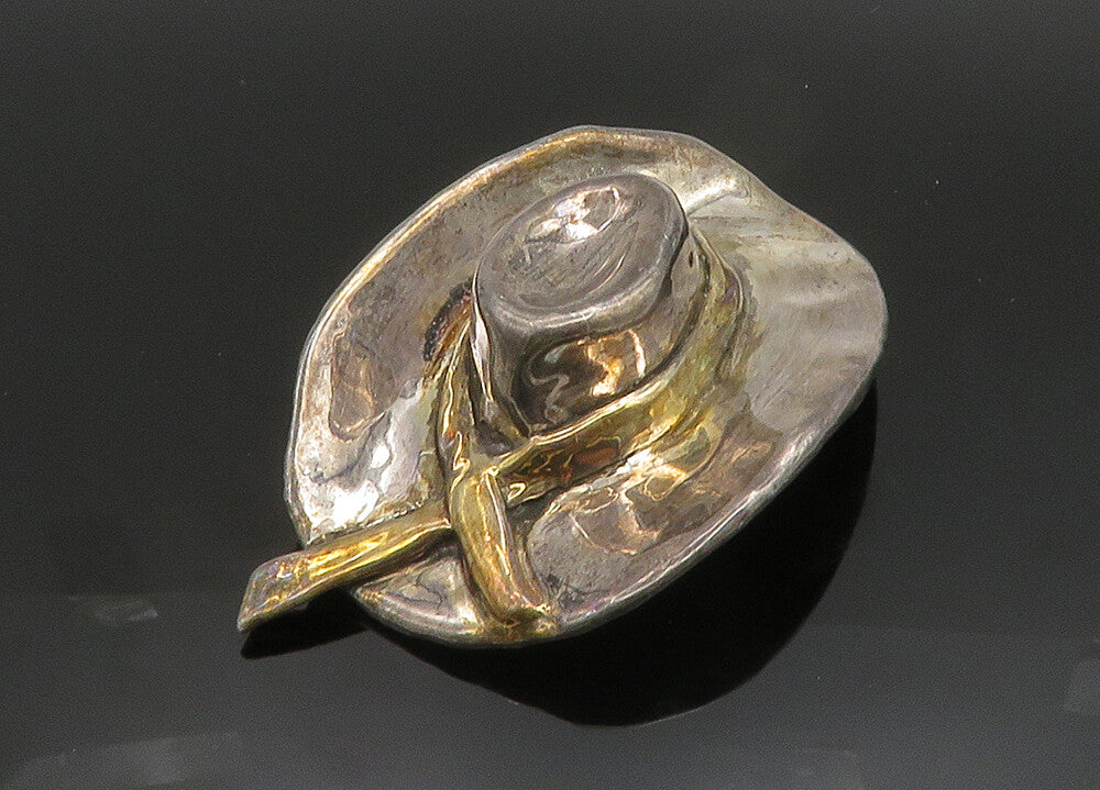 ISRAEL 925 Sterling Silver  Vintage Two Tone Sculpted Hat Brooch Pin  BP7865
