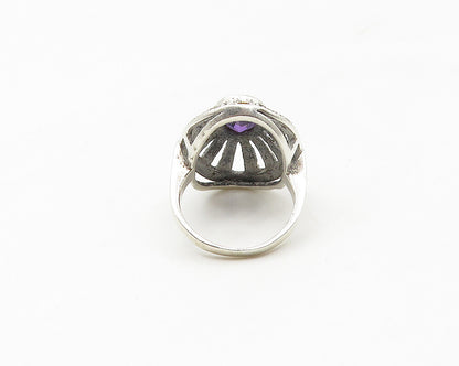 925 Sterling Silver Amethyst & Marcasite Cutout Cocktail Ring Sz 5  RG17459