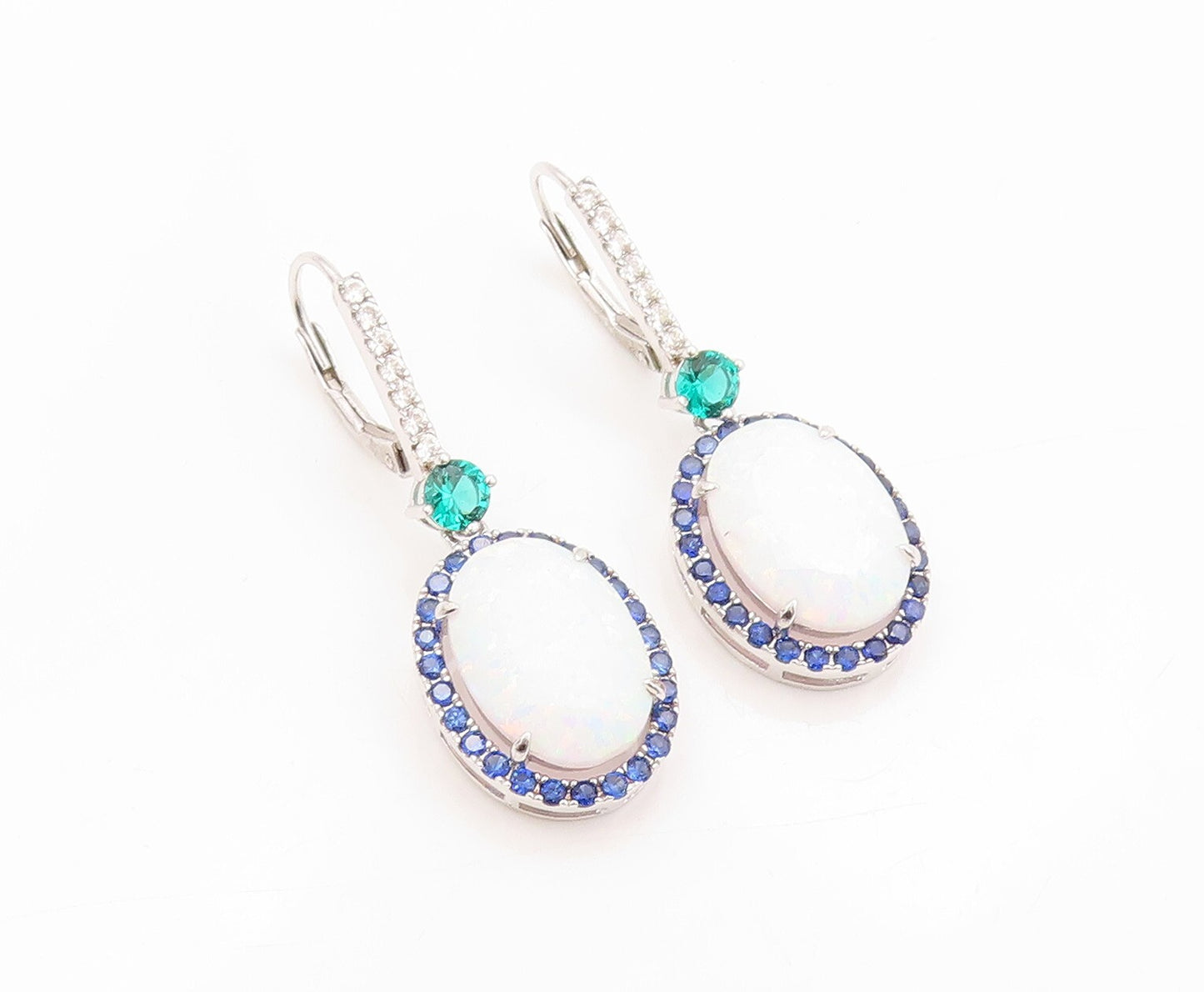 925 Sterling Silver Vintage Earrings Oval Opal Halo Sapphire 2 Tone CZ  EG13405