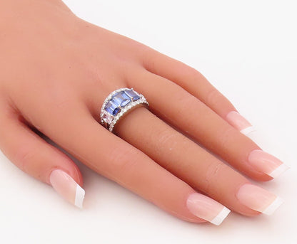 925 Sterling Silver Vintage Ring Rectangle Cut Sapphire & CZ  Sz 7.5  RG30616