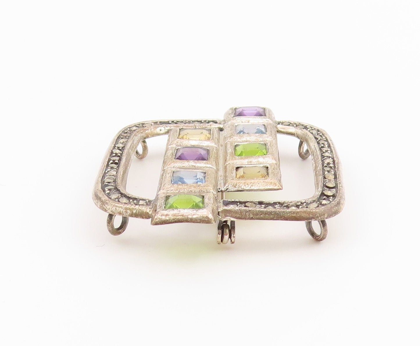 925 Sterling Silver Vintage Brooch Classic Multi Gemstone Geometric Pin  BP12592
