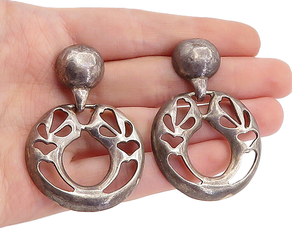 925 Sterling Silver  Vintage Dark Tone Cutout Design Drop Earrings  EG2633