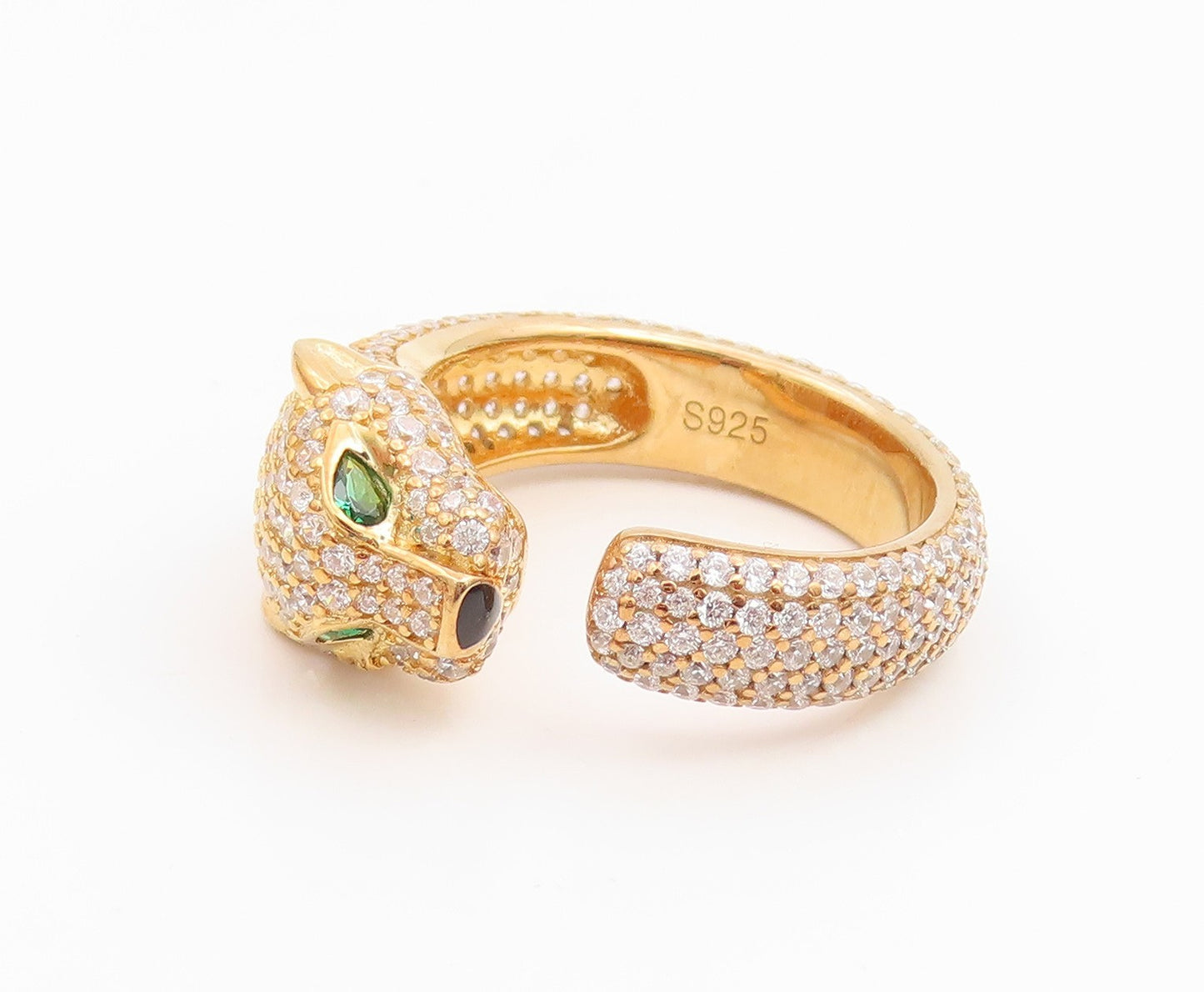 925 Sterling Silver Vintage Ring Gold Plated Emerald Panther Head Sz 8.5 RG35485