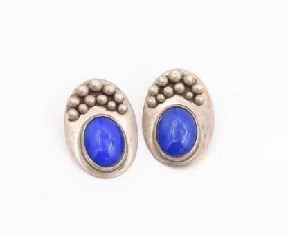925 Sterling Silver Vintage Earrings Oval Cabochon Lapis Lazuli Clips  EG13748