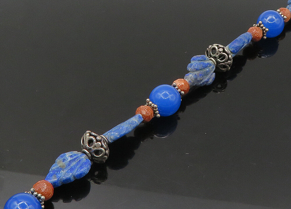 925 Silver  Vintage Lapis Lazuli Sodalite & Goldstone Chain Necklace  NE3529