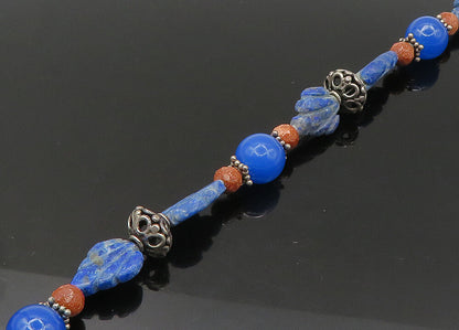 925 Silver  Vintage Lapis Lazuli Sodalite & Goldstone Chain Necklace  NE3529
