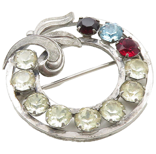 VAN DELL 925 Sterling Silver  Vintage Topaz & Garnet Wreath Brooch Pin  BP7589