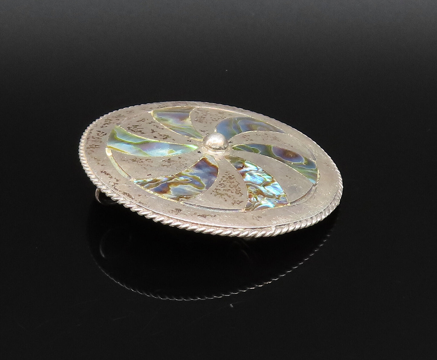 TAXCO 925 Silver  Vintage Twisted Rope Edge Abalone Fidget Brooch Pin  BP9889