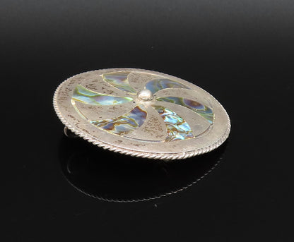 TAXCO 925 Silver  Vintage Twisted Rope Edge Abalone Fidget Brooch Pin  BP9889