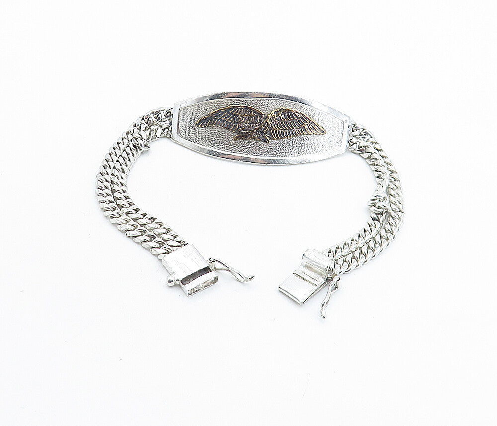 925 Sterling Silver  Vintage Two Tone Eagle Curb Link Chain Bracelet  BT2225