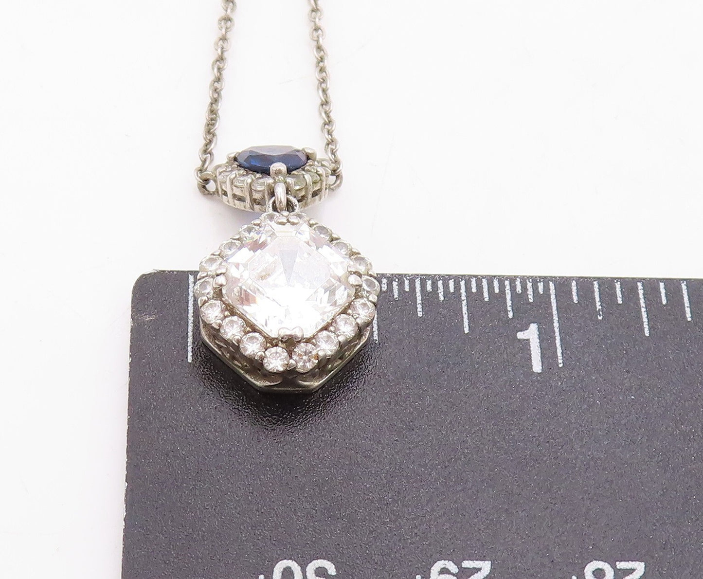 925 Sterling Silver Vintage Necklace Square Topaz & Triangle Sapphire  NE4378