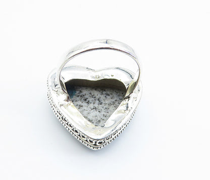 925 Sterling Silver  Love Heart Dendrite Agate Cocktail Ring Sz 10  RG8177