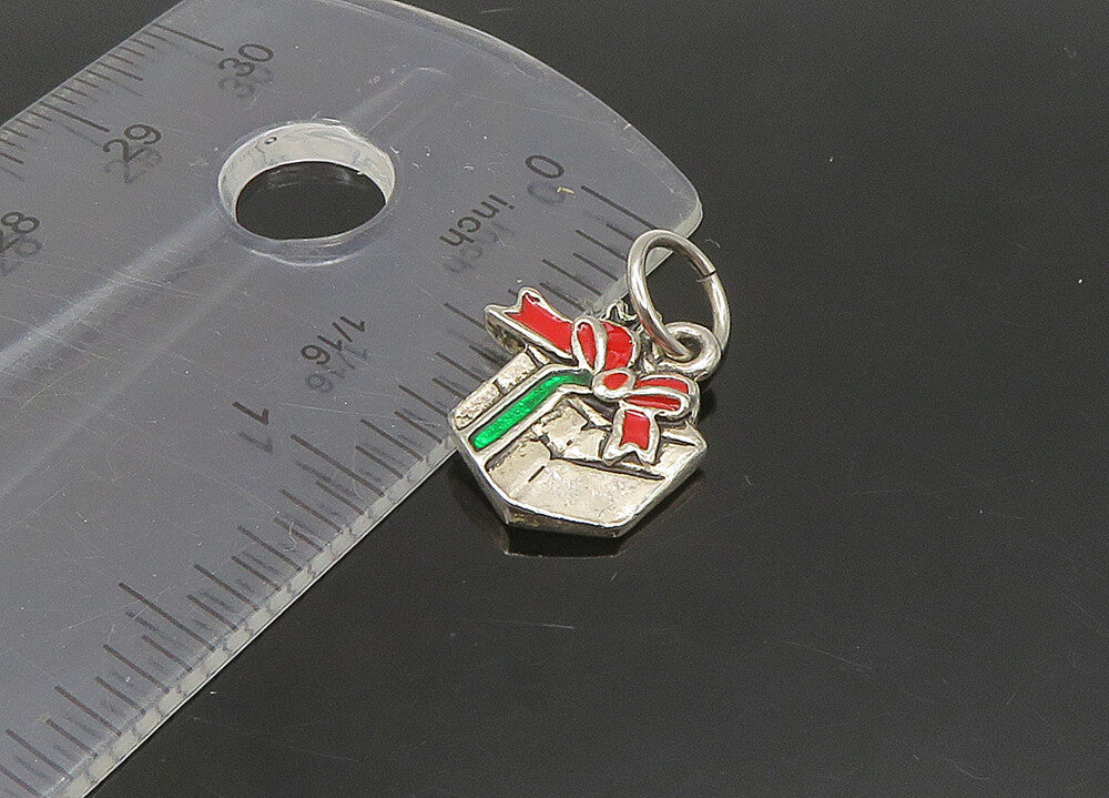 925 Sterling Silver  Vintage Enamel Christmas Gift Box Pendant  PT18948