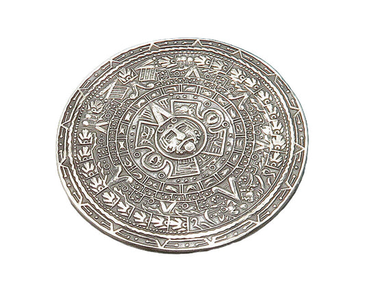 MEXICO 925 Silver  Vintage Shiny Mayan Aztec Sun Calendar Brooch Pin  BP7752