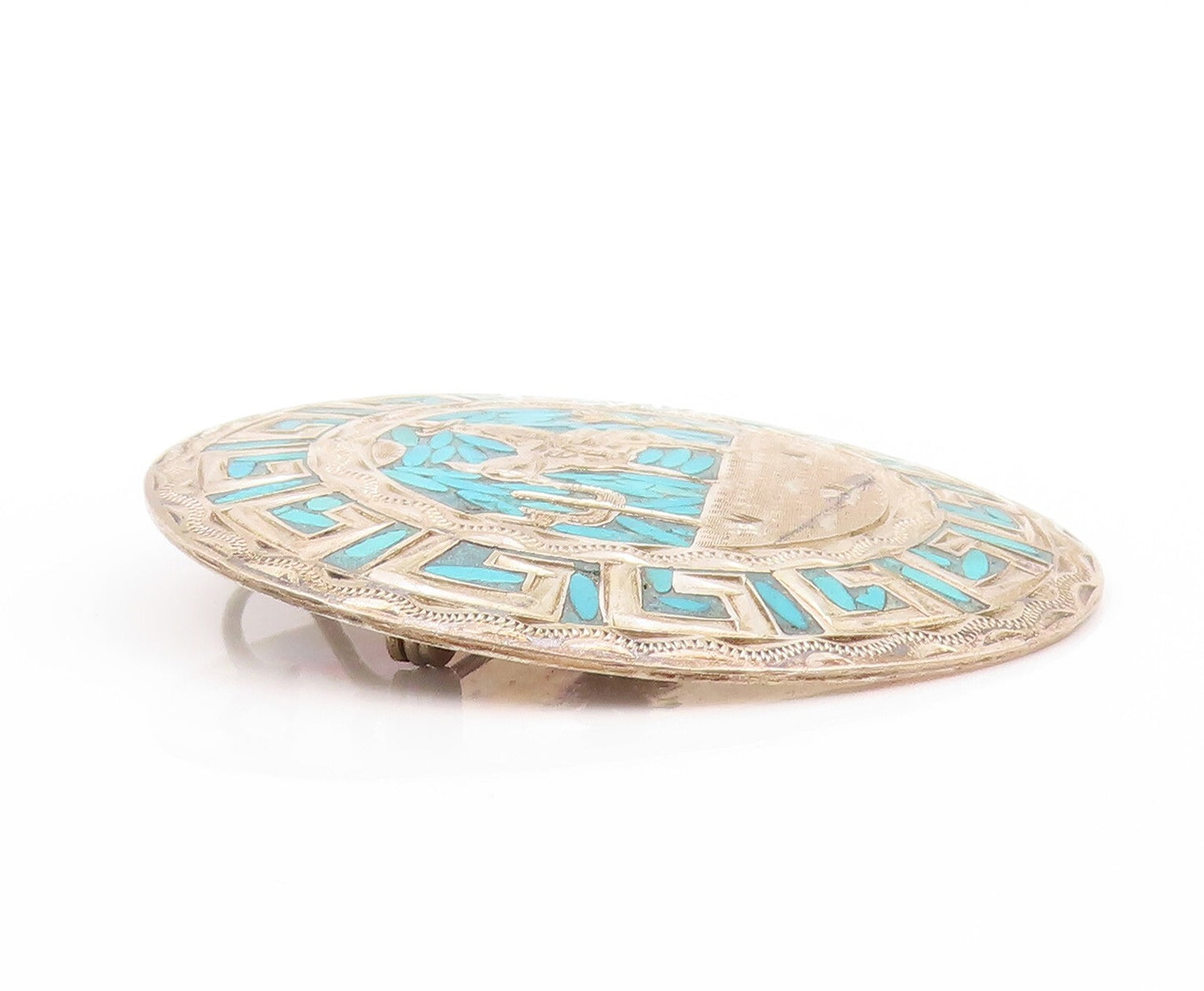 925 Sterling Silver Vintage Brooch MEXICO Crushed Turquoise Landscape  BP11541