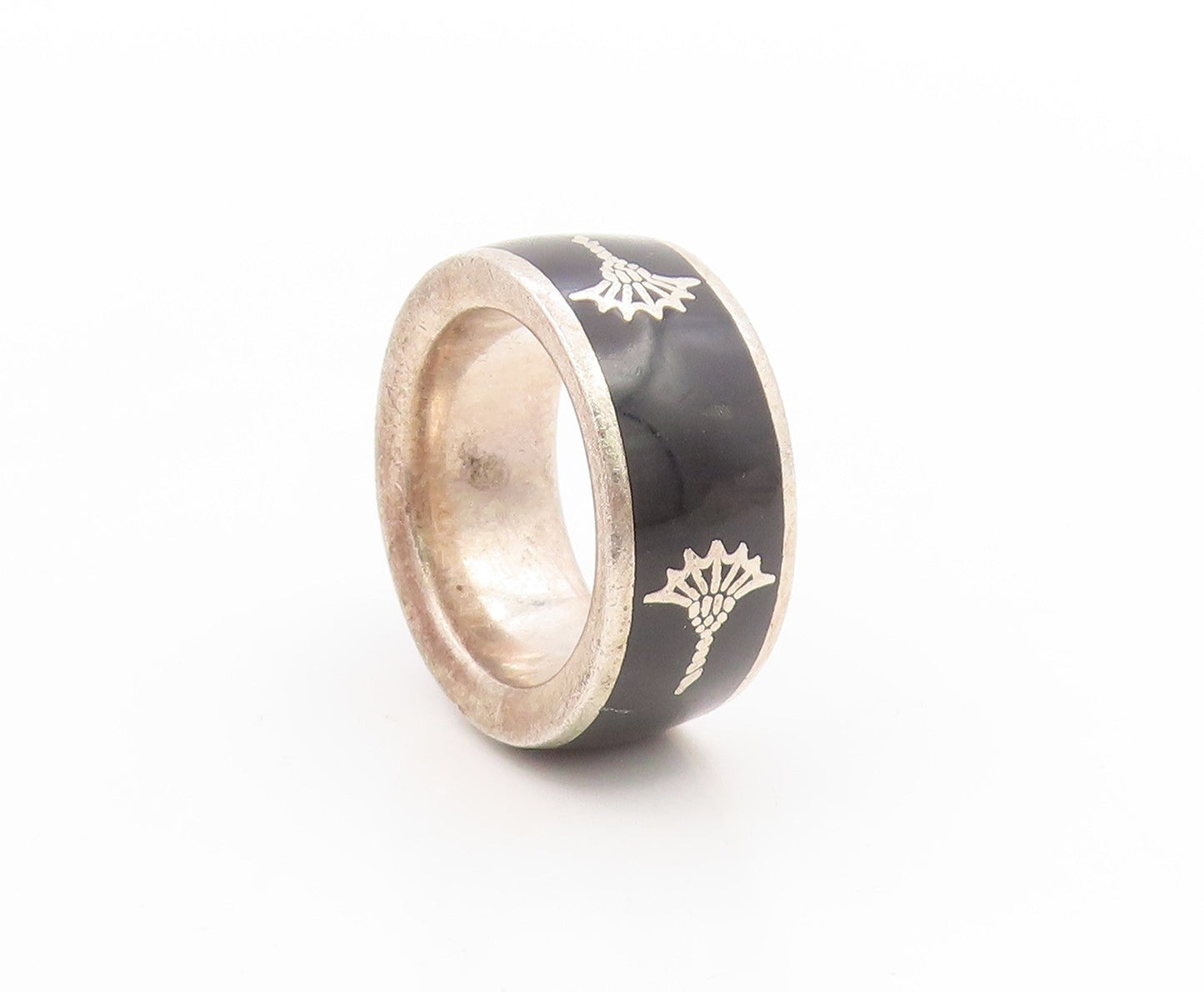925 Sterling Silver Vintage Ring JOOP Enamel Gothic Wide Band  Sz 9.5  RG34711