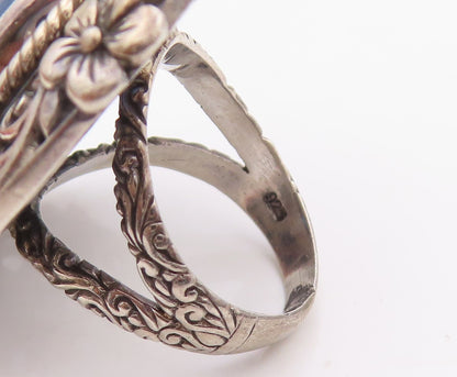 925 Sterling Silver Vintage Ring Oval Gemstone Floral Carved  SZ 6.5  RG32080