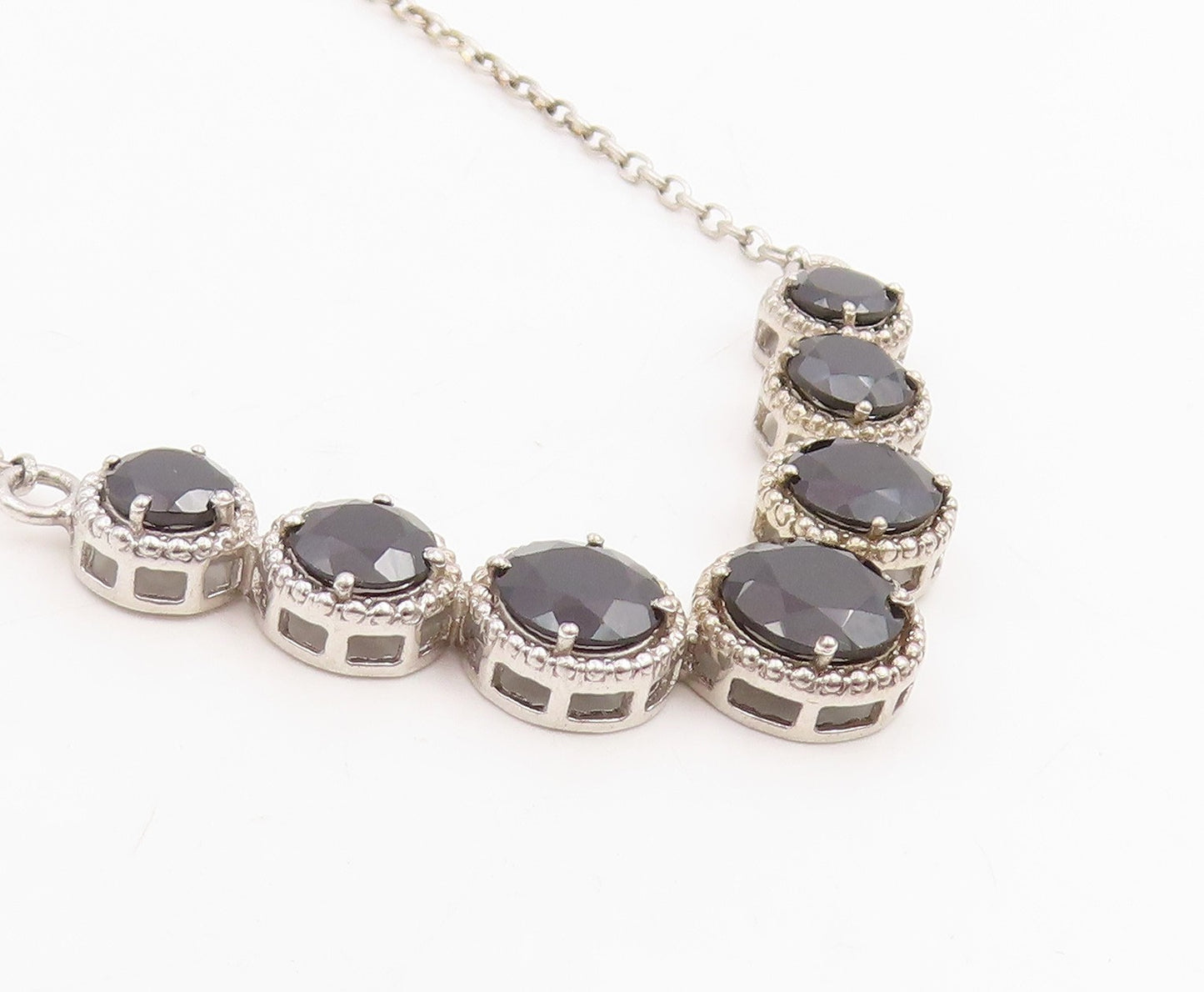 925 Sterling Silver Vintage Necklace Classic Faceted Black Spinel Chain  NE4770